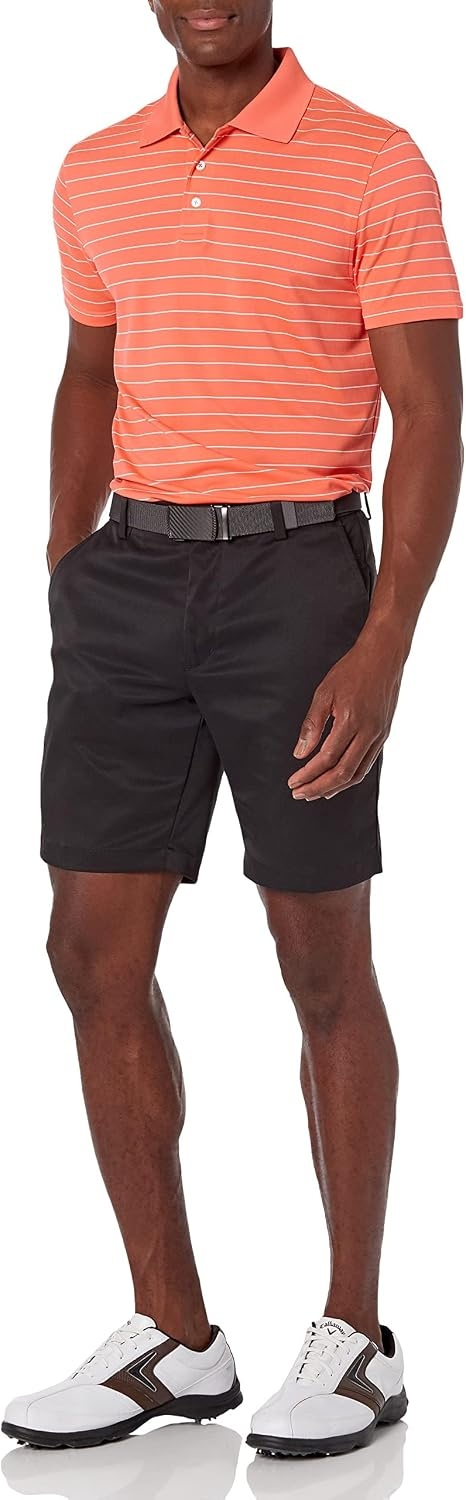 image:imageAmazon Essentials Mens Moisture Wicking Golf Polo Shirt Short Sleeve SlimFit QuickDry Active WearCoral Stripe