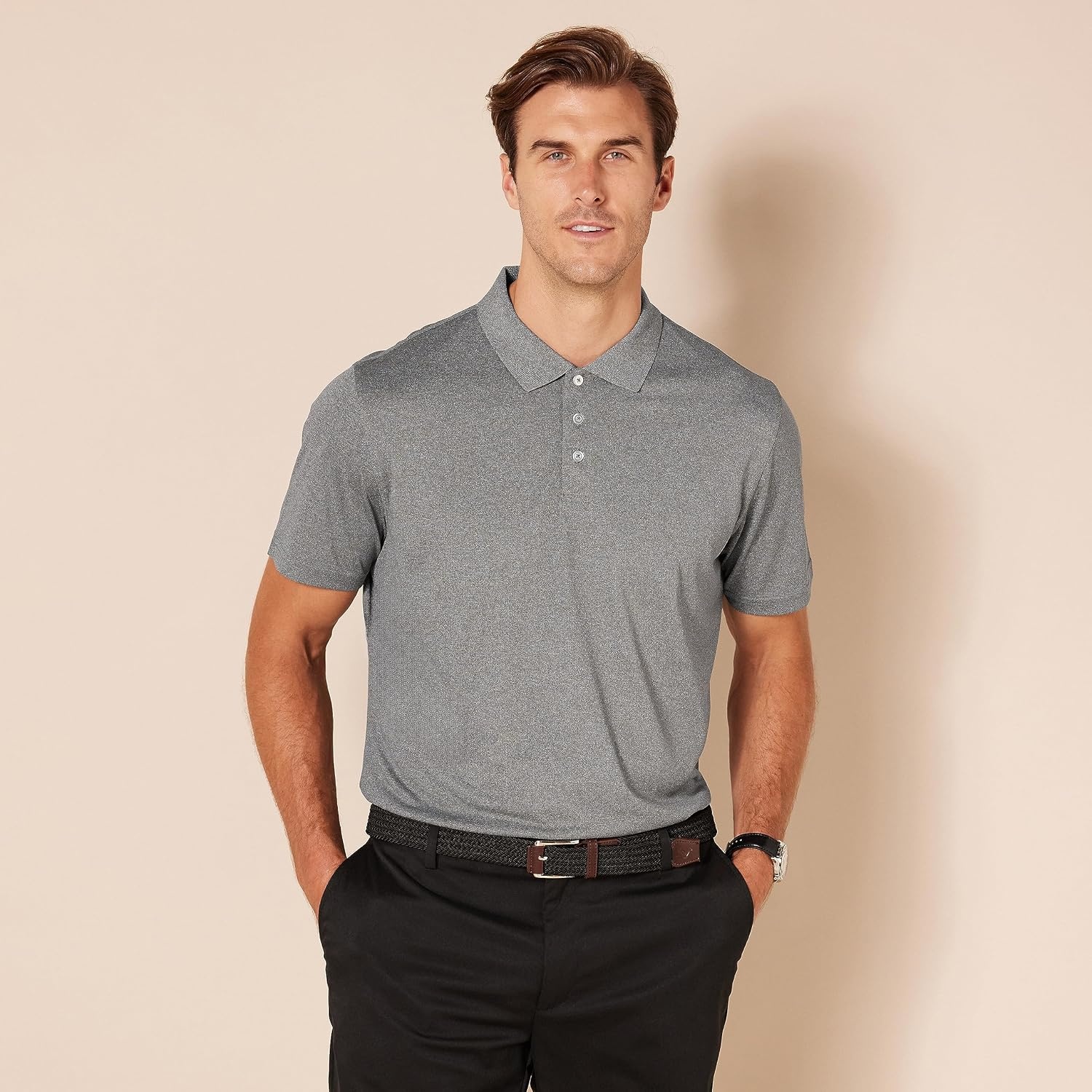 image:imageAmazon Essentials Mens Moisture Wicking Golf Polo Shirt Short Sleeve SlimFit QuickDry Active WearMedium Heather Grey