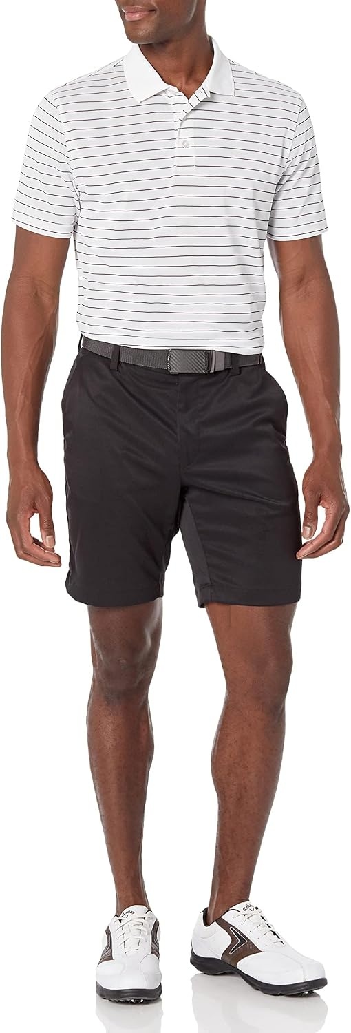 image:imageAmazon Essentials Mens Moisture Wicking Golf Polo Shirt Short Sleeve SlimFit QuickDry Active WearWhite Stripe