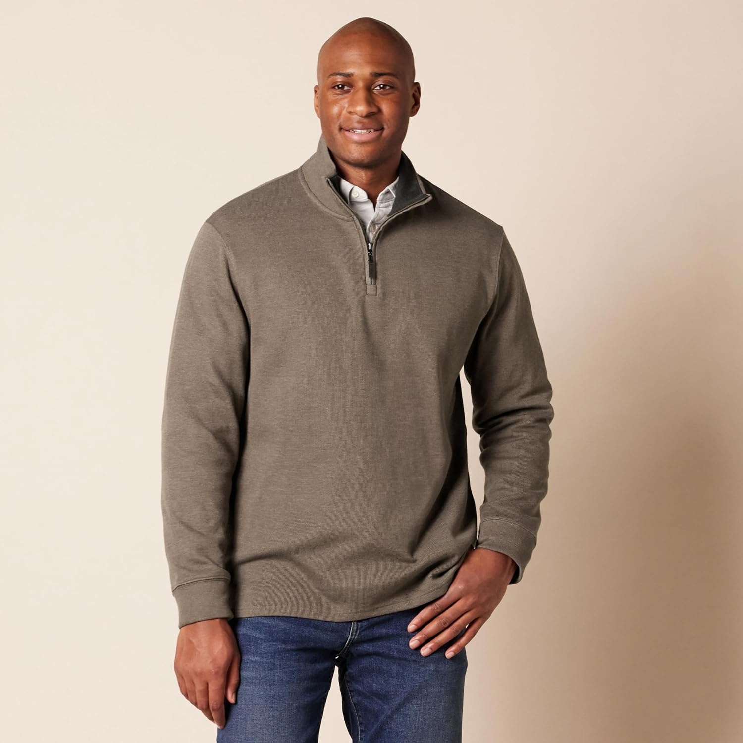 image:imageAmazon Essentials Mens QuarterZip French Rib Mock Neck Sweater Casual WearBrown Heather
