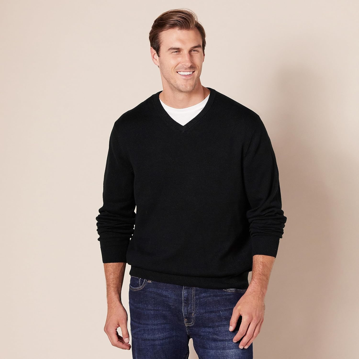 image:imageAmazon Essentials Mens Regular Fit Cotton VNeck Pullover Sweater Available in Big amp TallBlack
