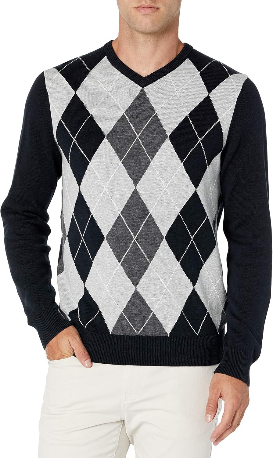 image:imageAmazon Essentials Mens Regular Fit Cotton VNeck Pullover Sweater Available in Big amp TallBlack Argyle