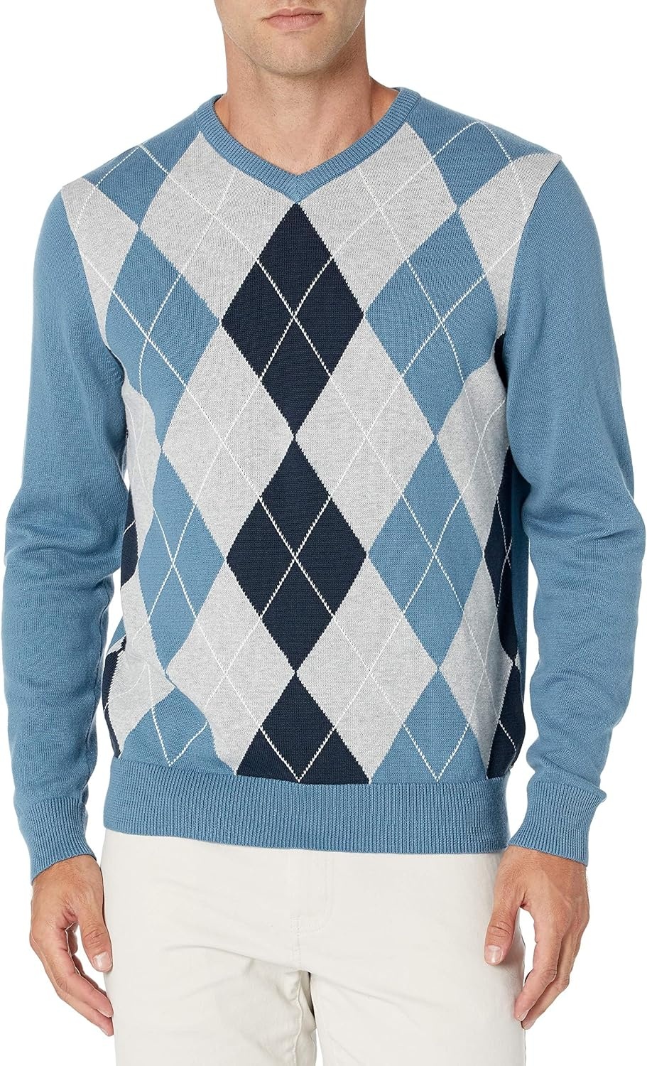 image:imageAmazon Essentials Mens Regular Fit Cotton VNeck Pullover Sweater Available in Big amp TallBlue Argyle
