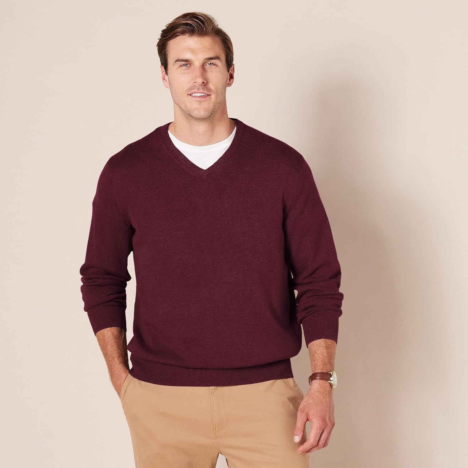 image:imageAmazon Essentials Mens Regular Fit Cotton VNeck Pullover Sweater Available in Big amp TallBurgundy