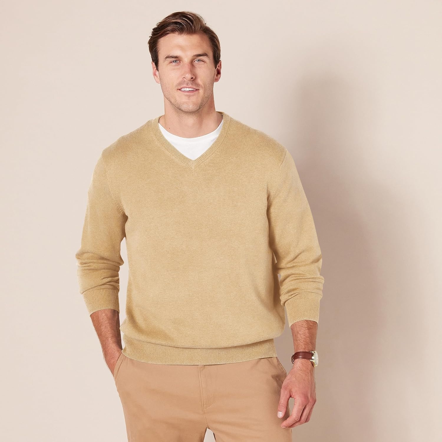 image:imageAmazon Essentials Mens Regular Fit Cotton VNeck Pullover Sweater Available in Big amp TallCamel Heather