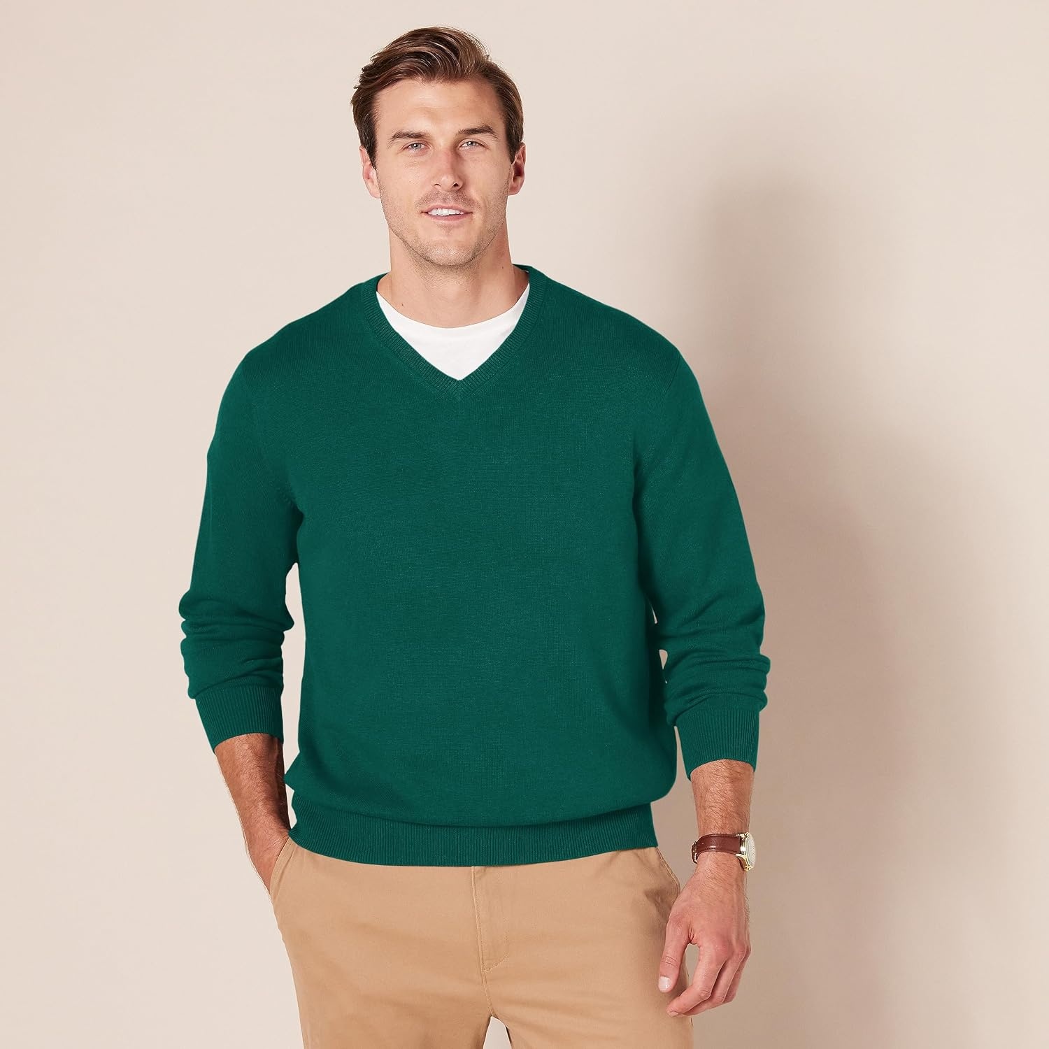 image:imageAmazon Essentials Mens Regular Fit Cotton VNeck Pullover Sweater Available in Big amp TallDark Green