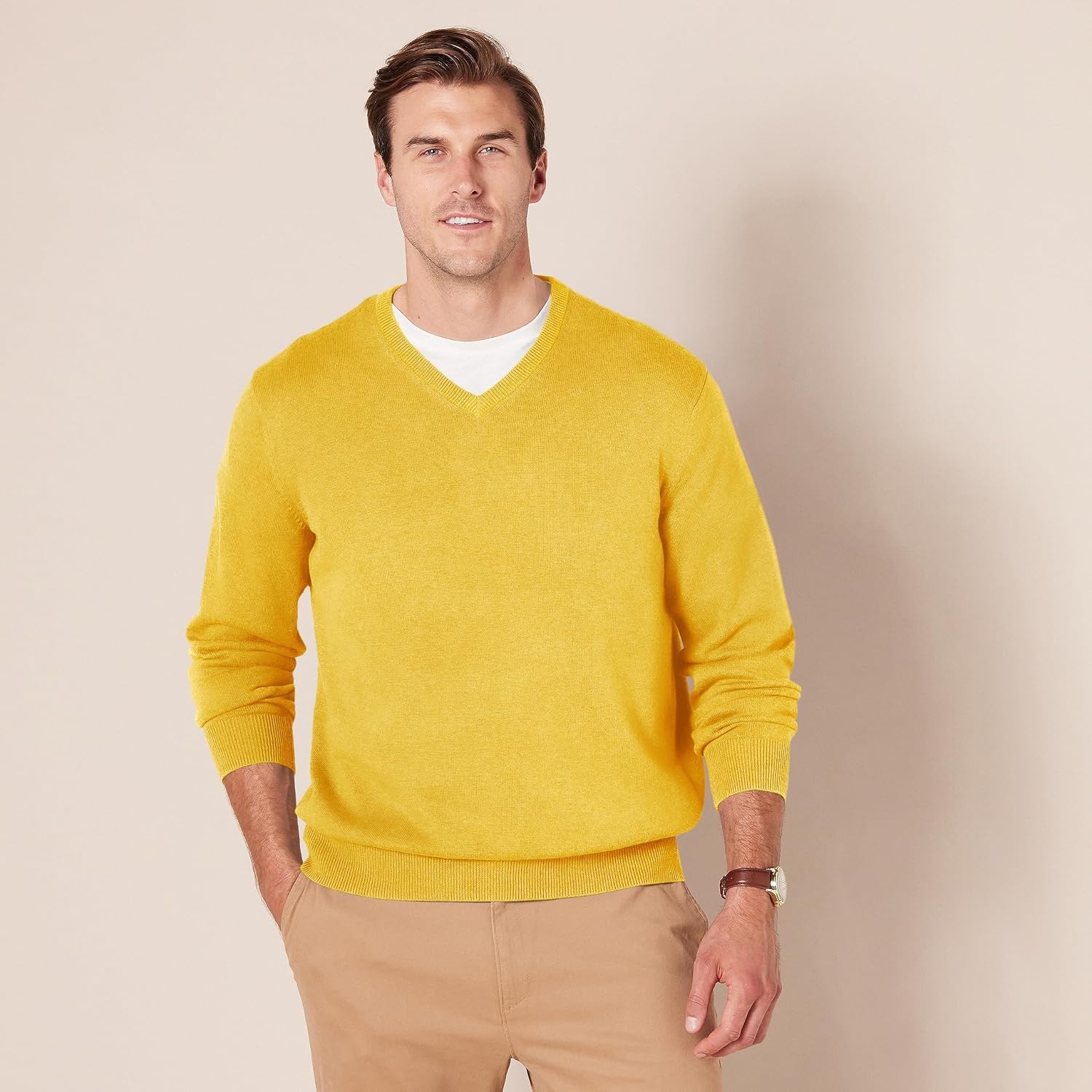 image:imageAmazon Essentials Mens Regular Fit Cotton VNeck Pullover Sweater Available in Big amp TallGold