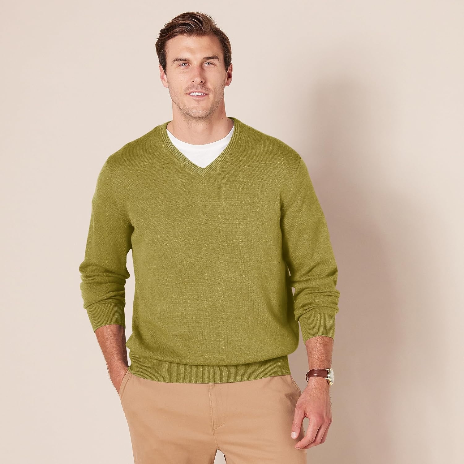 image:imageAmazon Essentials Mens Regular Fit Cotton VNeck Pullover Sweater Available in Big amp TallGolden Olive
