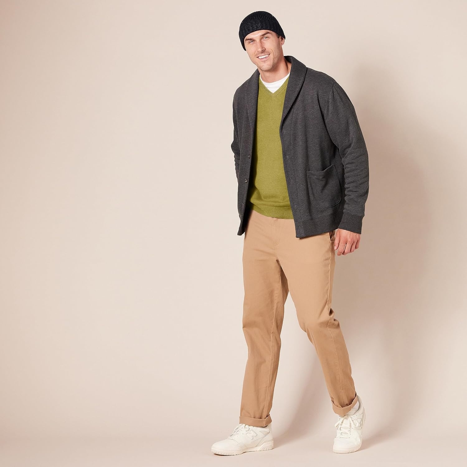 image:imageAmazon Essentials Mens Regular Fit Cotton VNeck Pullover Sweater Available in Big amp TallGolden Olive