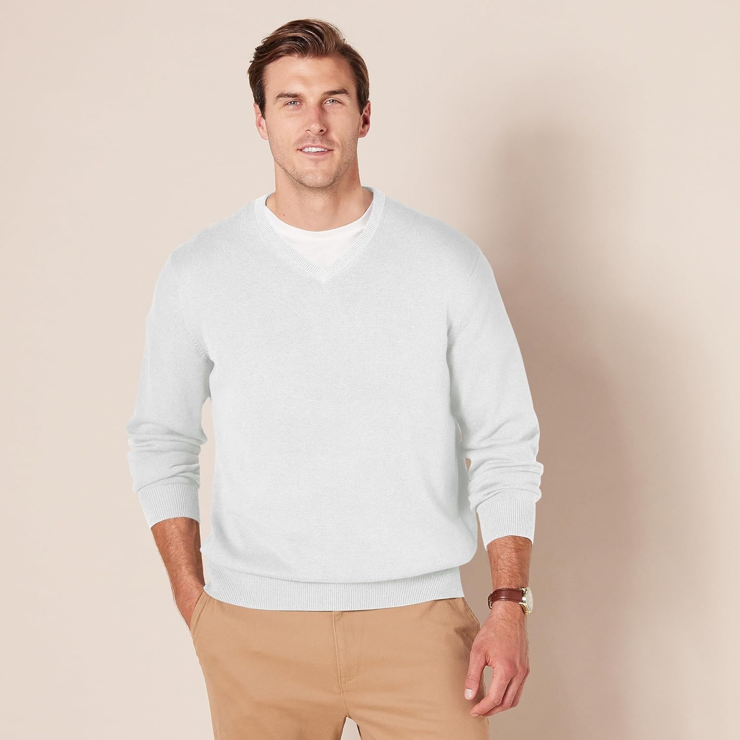 image:imageAmazon Essentials Mens Regular Fit Cotton VNeck Pullover Sweater Available in Big amp TallIvory