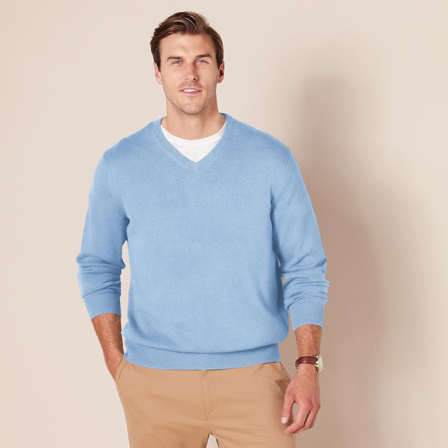image:imageAmazon Essentials Mens Regular Fit Cotton VNeck Pullover Sweater Available in Big amp TallLight Blue Heather