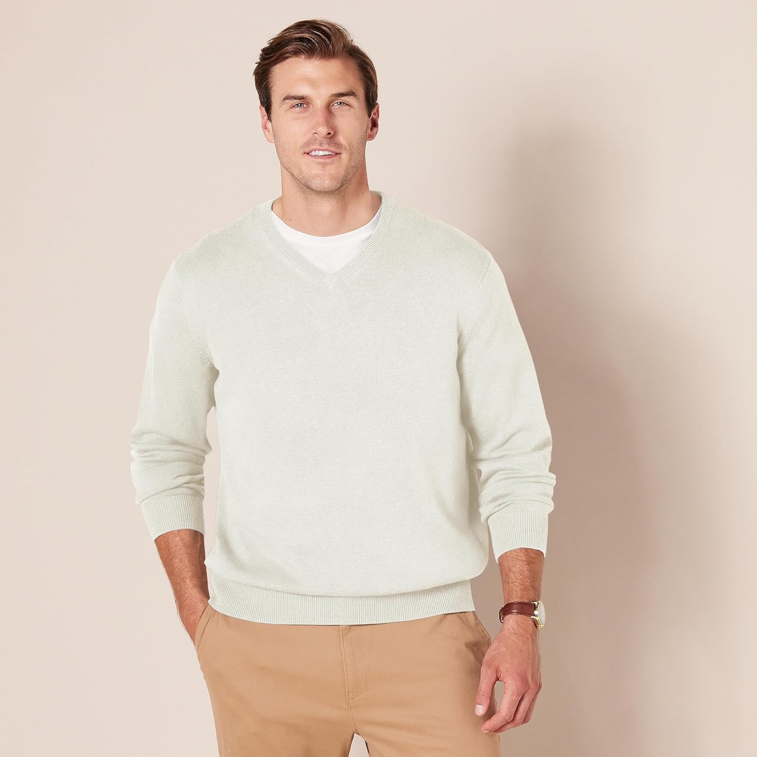 image:imageAmazon Essentials Mens Regular Fit Cotton VNeck Pullover Sweater Available in Big amp TallOatmeal Heather
