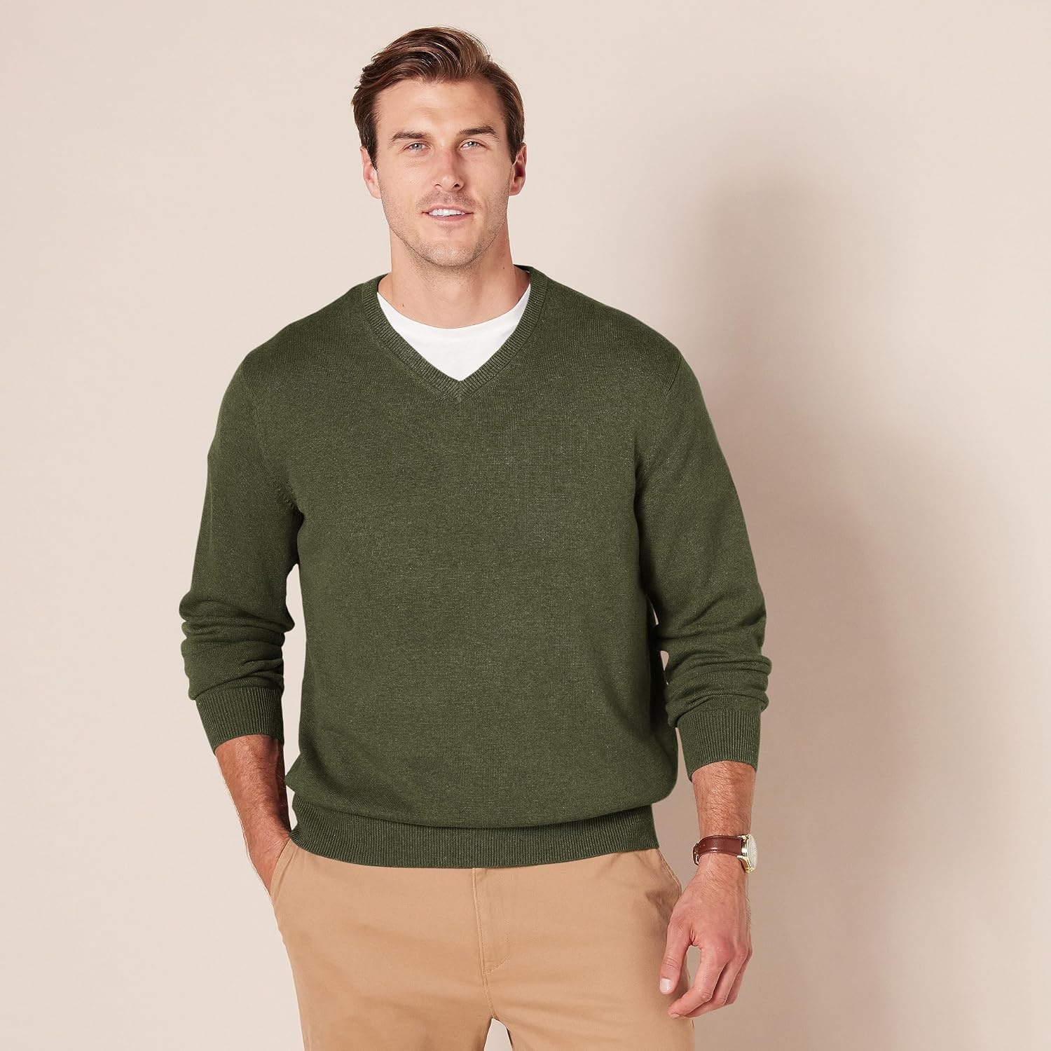 image:imageAmazon Essentials Mens Regular Fit Cotton VNeck Pullover Sweater Available in Big amp TallOlive Heather