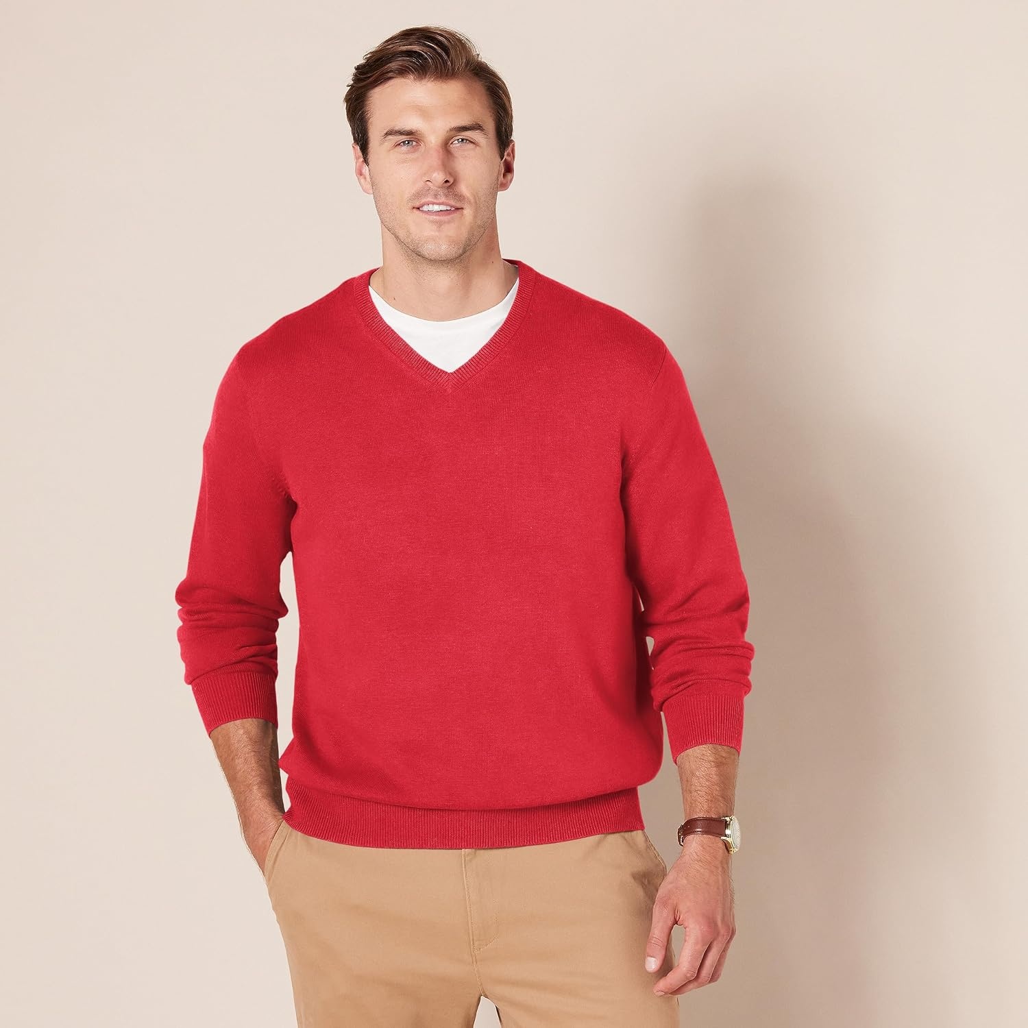 image:imageAmazon Essentials Mens Regular Fit Cotton VNeck Pullover Sweater Available in Big amp TallRed