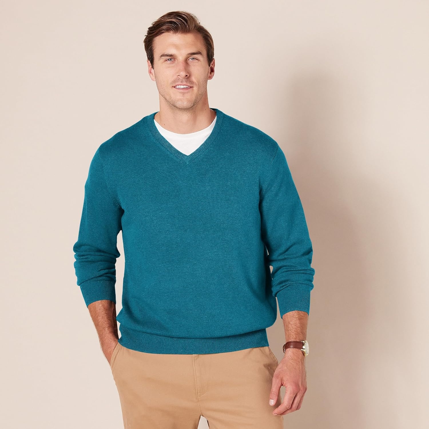 image:imageAmazon Essentials Mens Regular Fit Cotton VNeck Pullover Sweater Available in Big amp TallTeal Heather