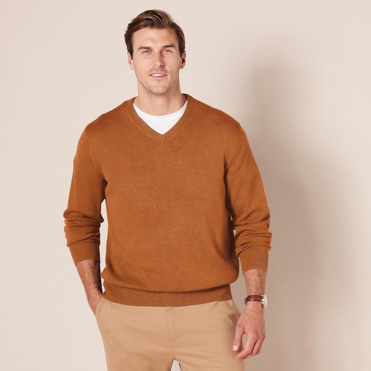 image:imageAmazon Essentials Mens Regular Fit Cotton VNeck Pullover Sweater Available in Big amp TallToffee Brown