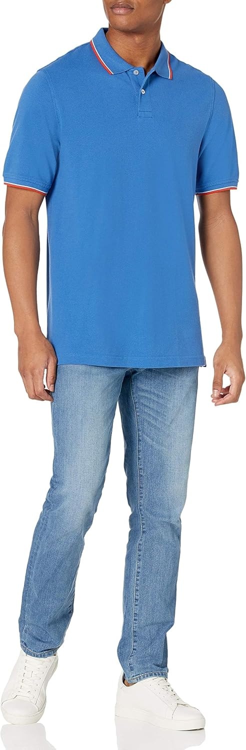 image:imageAmazon Essentials Mens RegularFit Short Sleeve Cotton Pique Polo Shirt Available in Big amp TallBlue Red White Stripe