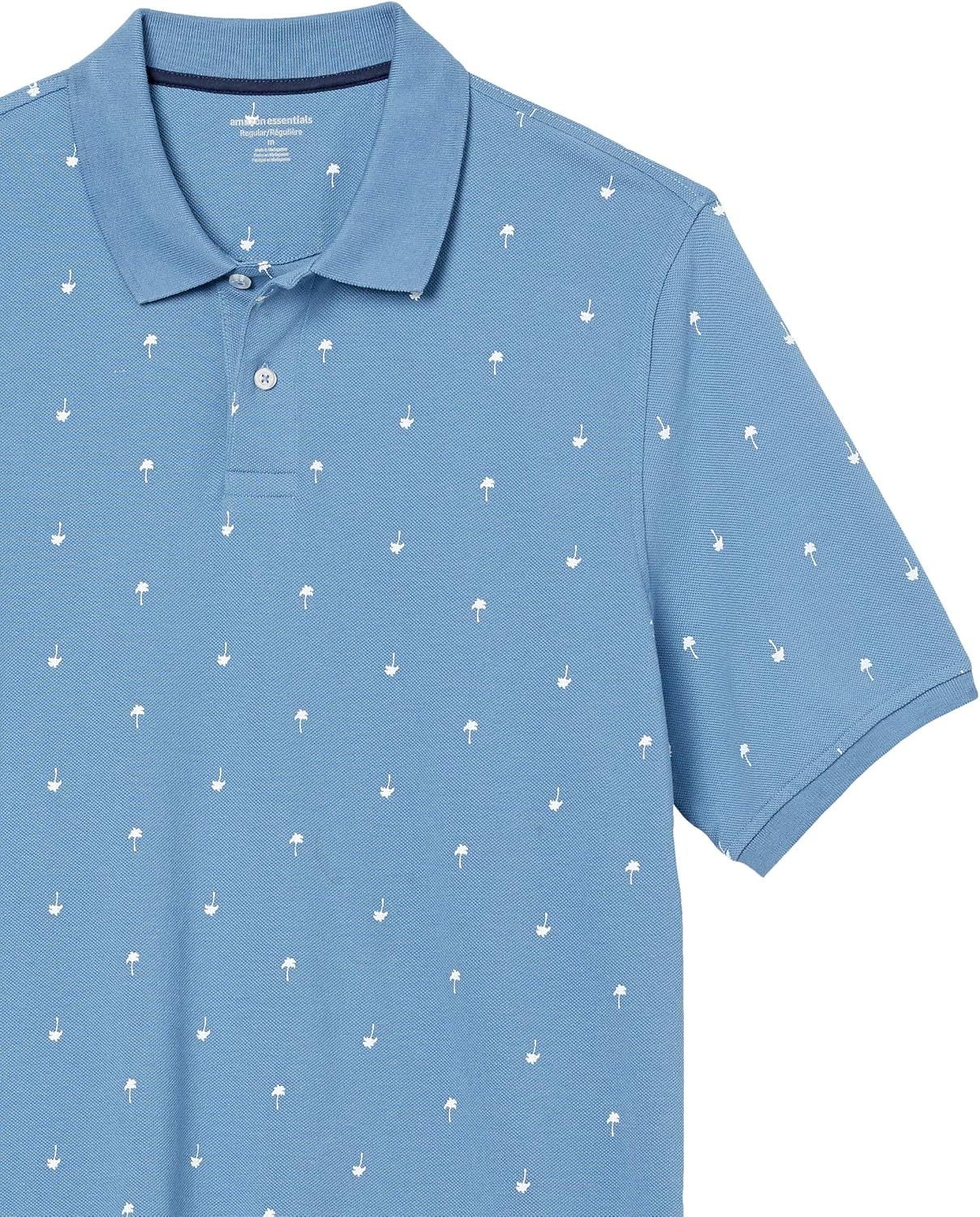 image:imageAmazon Essentials Mens RegularFit Short Sleeve Cotton Pique Polo Shirt Available in Big amp TallBlue White Palm Tree Print