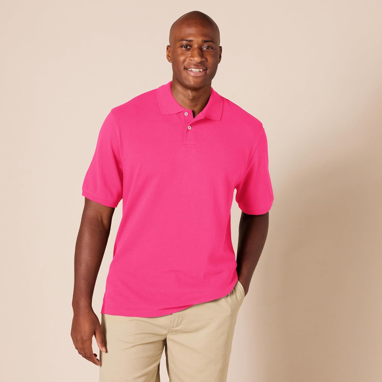 image:imageAmazon Essentials Mens RegularFit Short Sleeve Cotton Pique Polo Shirt Available in Big amp TallHot Pink