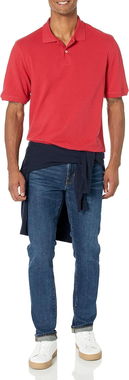 image:imageAmazon Essentials Mens RegularFit Short Sleeve Cotton Pique Polo Shirt Available in Big amp TallRed
