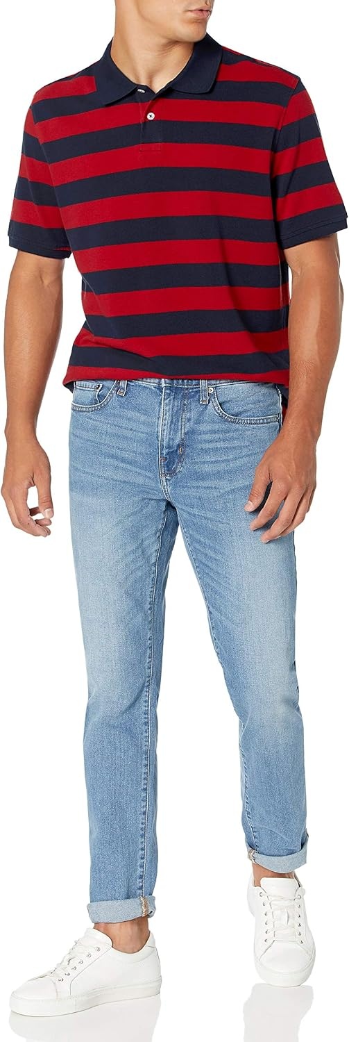 image:imageAmazon Essentials Mens RegularFit Short Sleeve Cotton Pique Polo Shirt Available in Big amp TallRedNavy Rugby Stripe