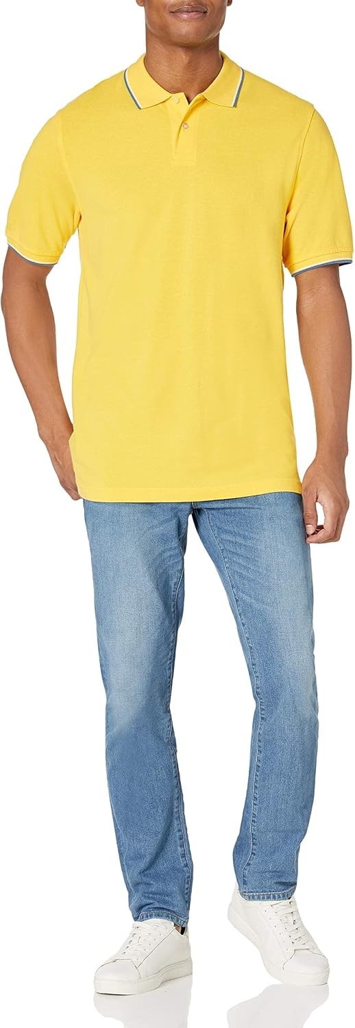 image:imageAmazon Essentials Mens RegularFit Short Sleeve Cotton Pique Polo Shirt Available in Big amp TallYellow Twin Stripe