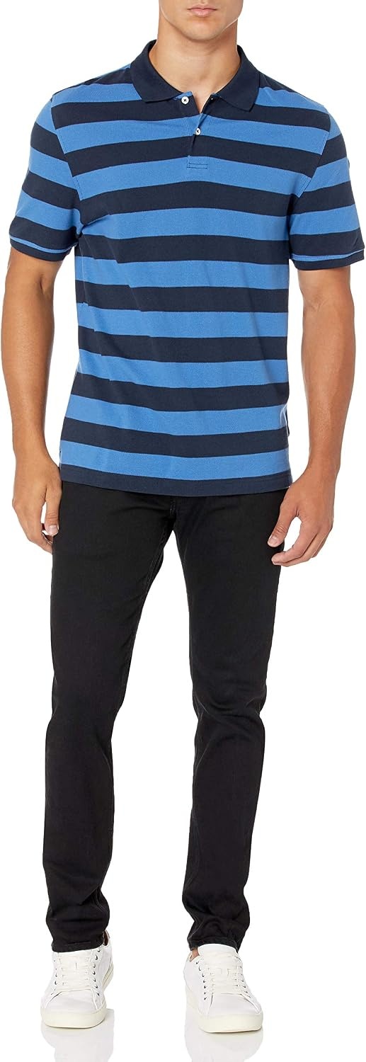 image:imageAmazon Essentials Mens SlimFit ShortSleeve Cotton Pique Polo ShirtBlack Blue Rugby Stripe