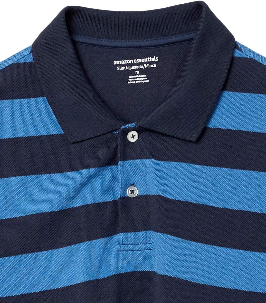 image:imageAmazon Essentials Mens SlimFit ShortSleeve Cotton Pique Polo ShirtBlack Blue Rugby Stripe