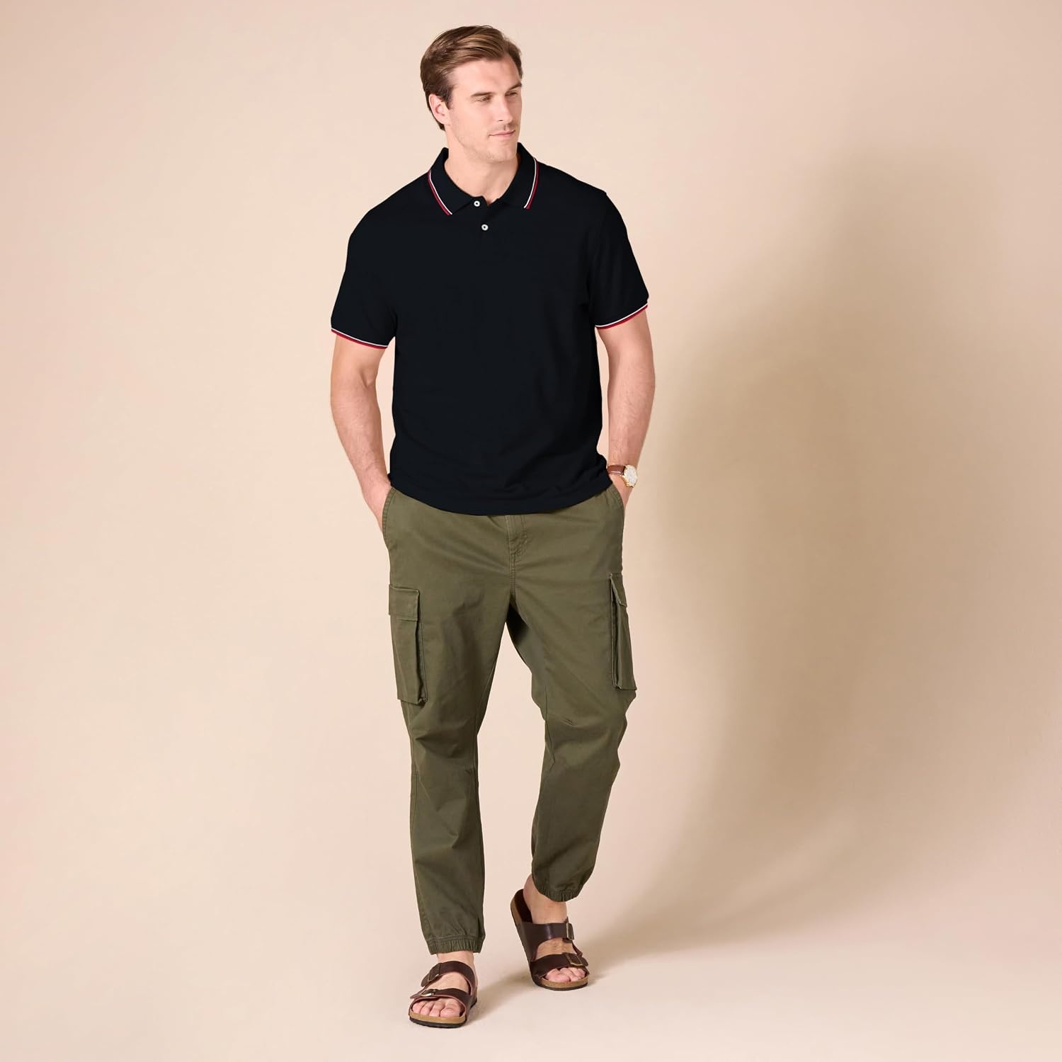 image:imageAmazon Essentials Mens SlimFit ShortSleeve Cotton Pique Polo ShirtBlack Thin Stripe