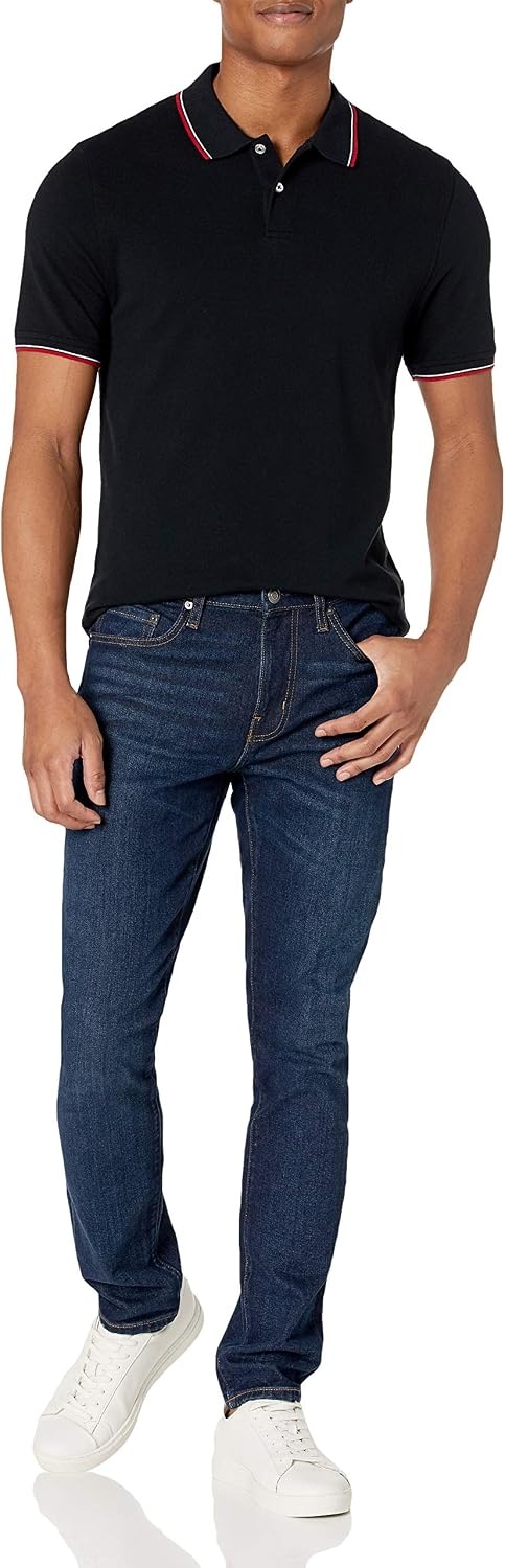 image:imageAmazon Essentials Mens SlimFit ShortSleeve Cotton Pique Polo ShirtBlack Thin Stripe