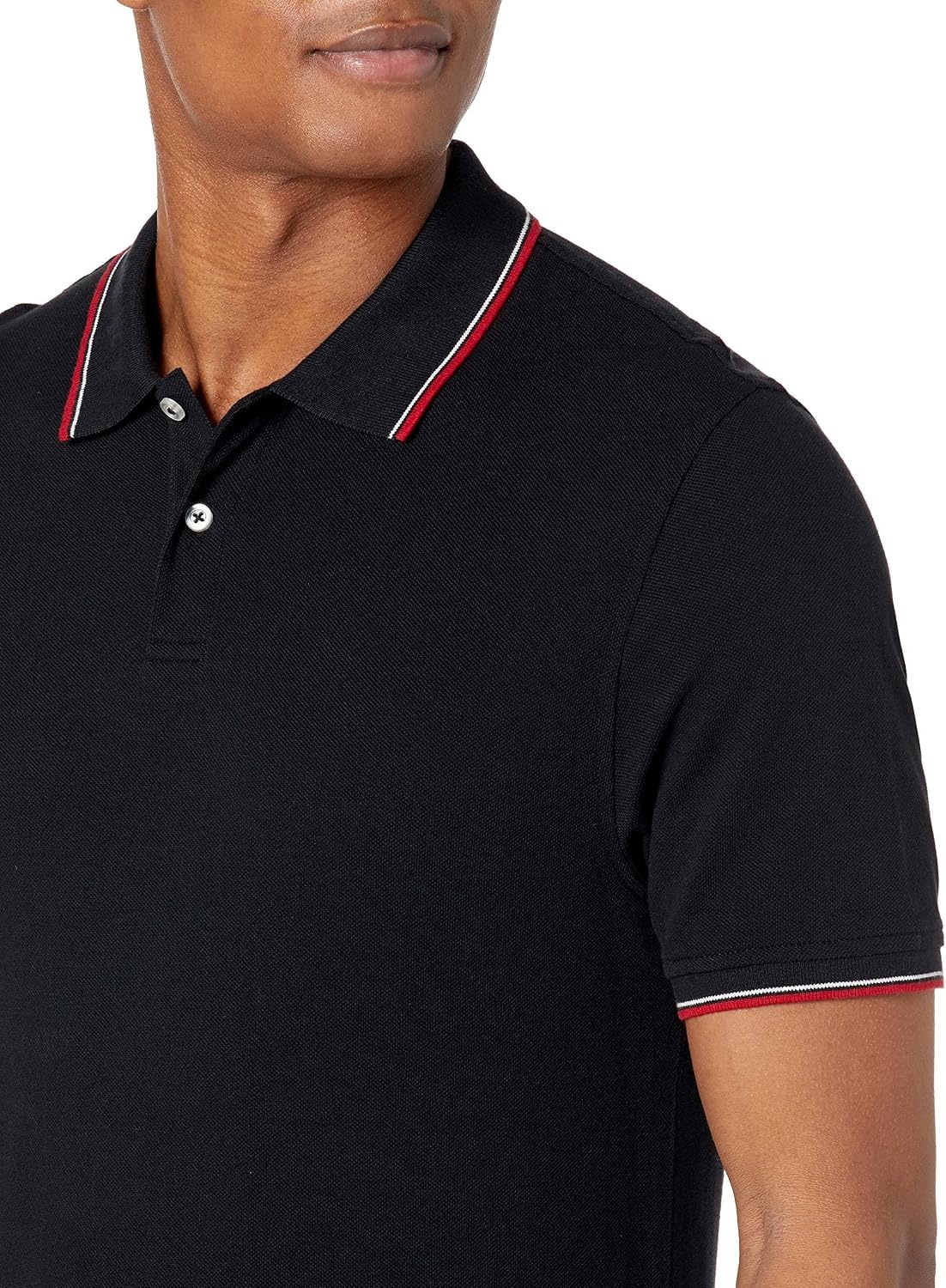 image:imageAmazon Essentials Mens SlimFit ShortSleeve Cotton Pique Polo ShirtBlackWhite and Red Tipped