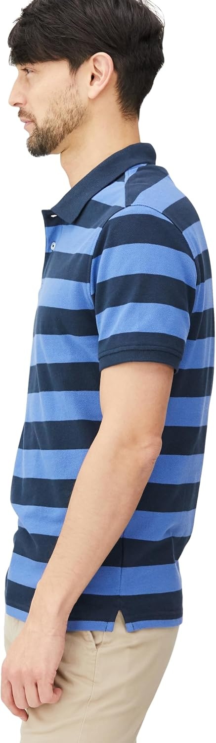 image:imageAmazon Essentials Mens SlimFit ShortSleeve Cotton Pique Polo ShirtBlueNavy Rugby Stripe