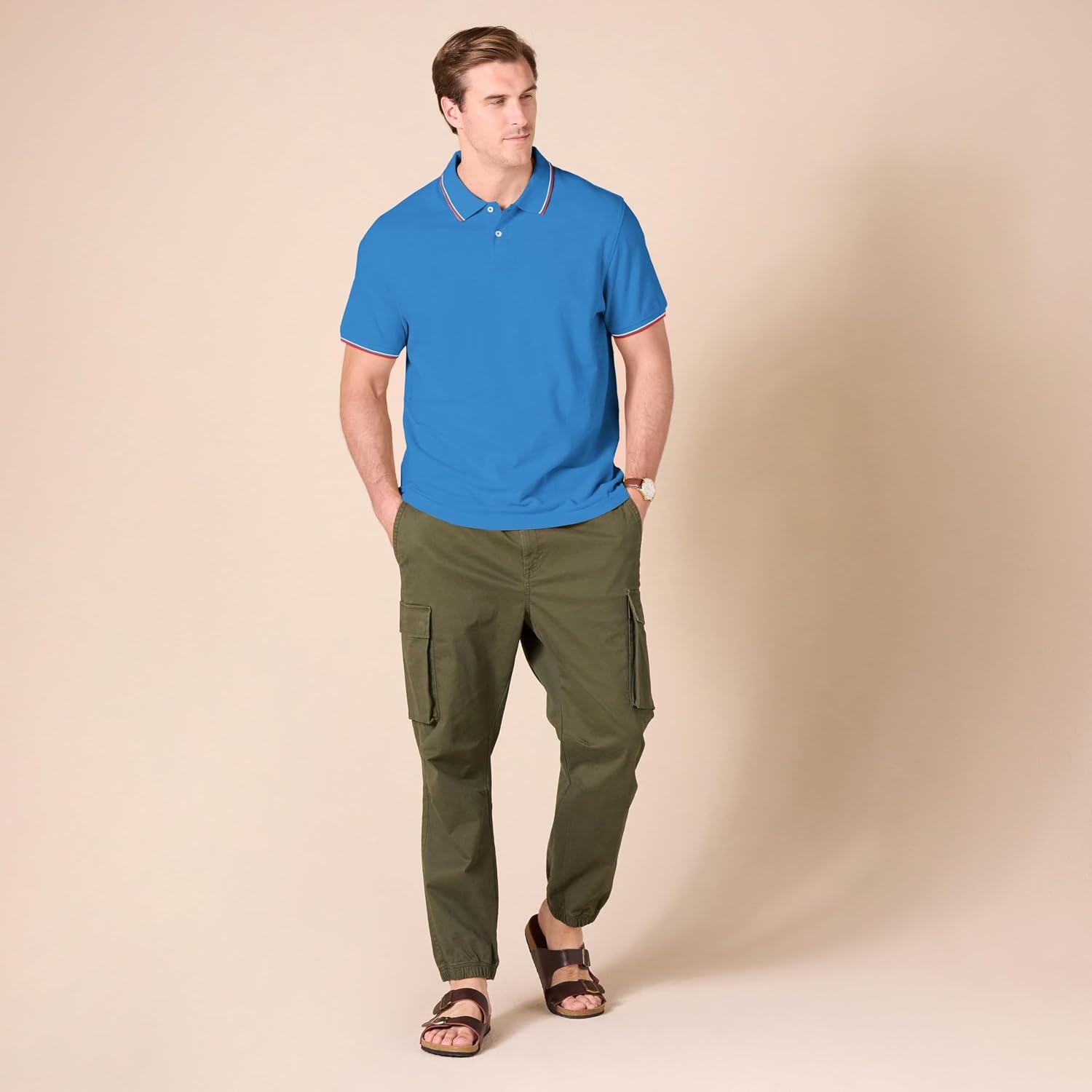 image:imageAmazon Essentials Mens SlimFit ShortSleeve Cotton Pique Polo ShirtBlueWhite and Red Tipped