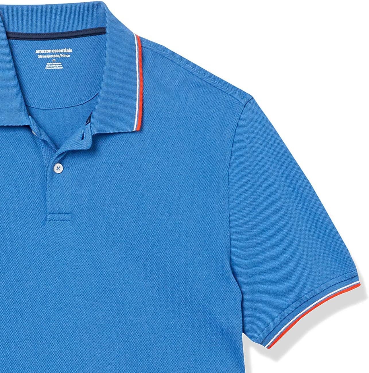 image:imageAmazon Essentials Mens SlimFit ShortSleeve Cotton Pique Polo ShirtBlueWhite and Red Tipped
