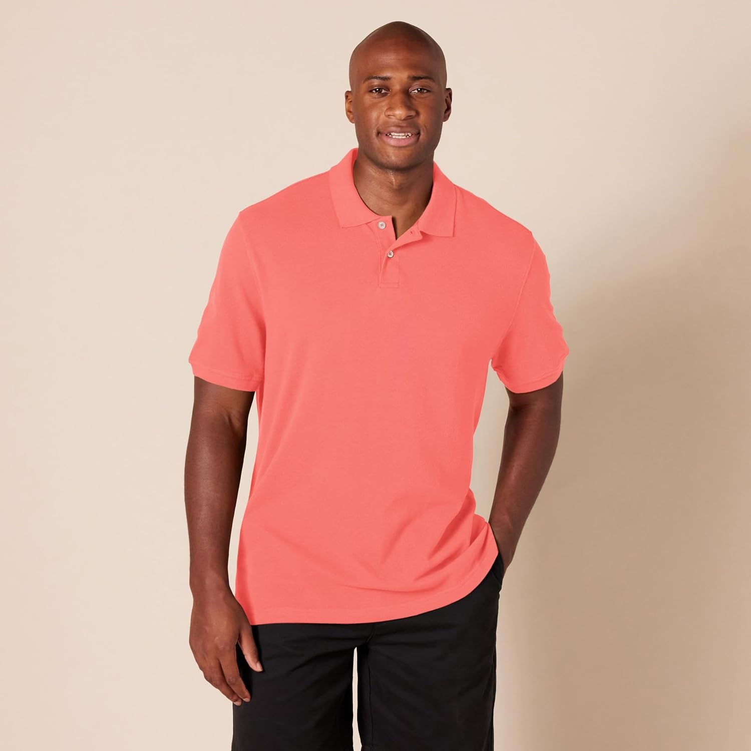 image:imageAmazon Essentials Mens SlimFit ShortSleeve Cotton Pique Polo ShirtCoral Orange
