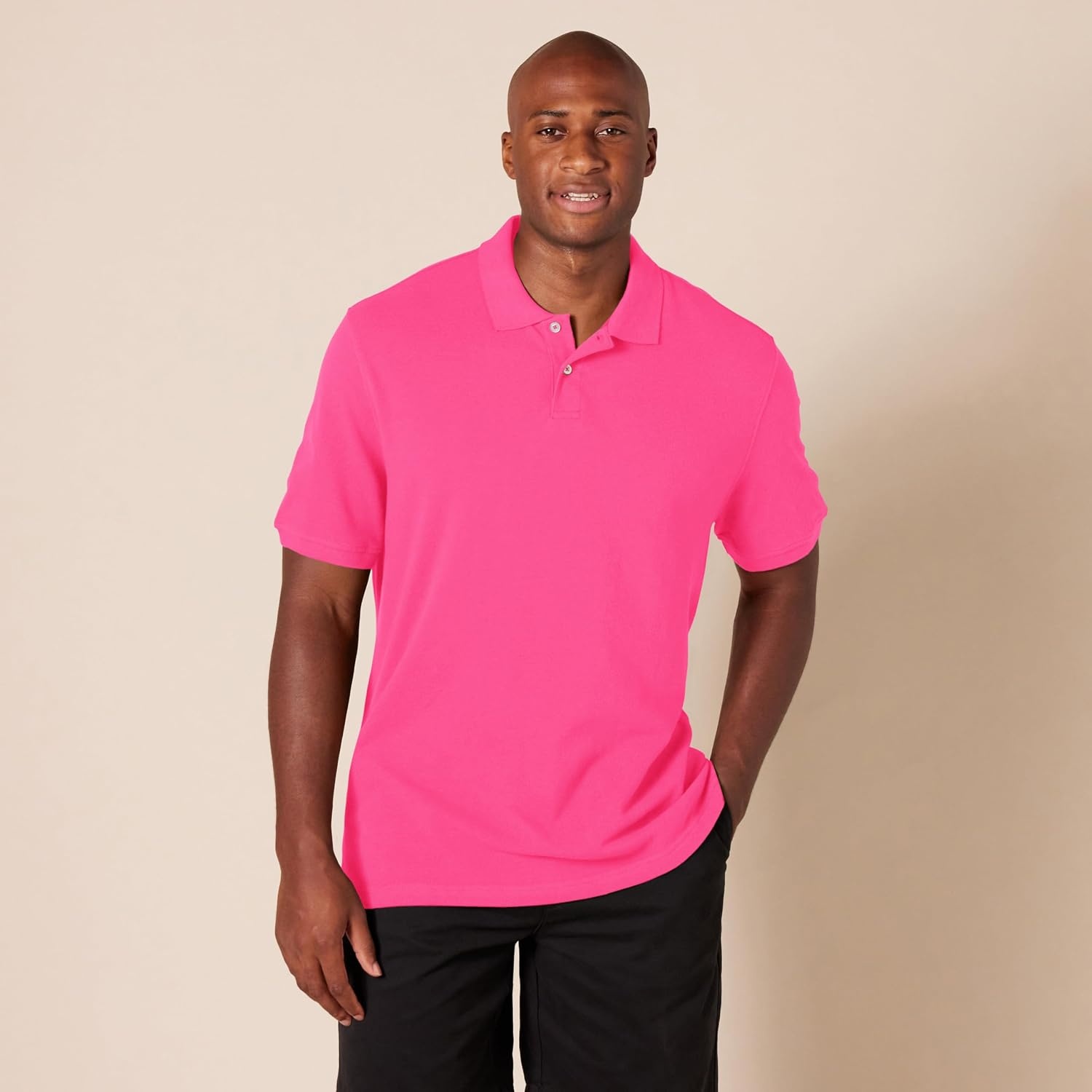 image:imageAmazon Essentials Mens SlimFit ShortSleeve Cotton Pique Polo ShirtHot Pink