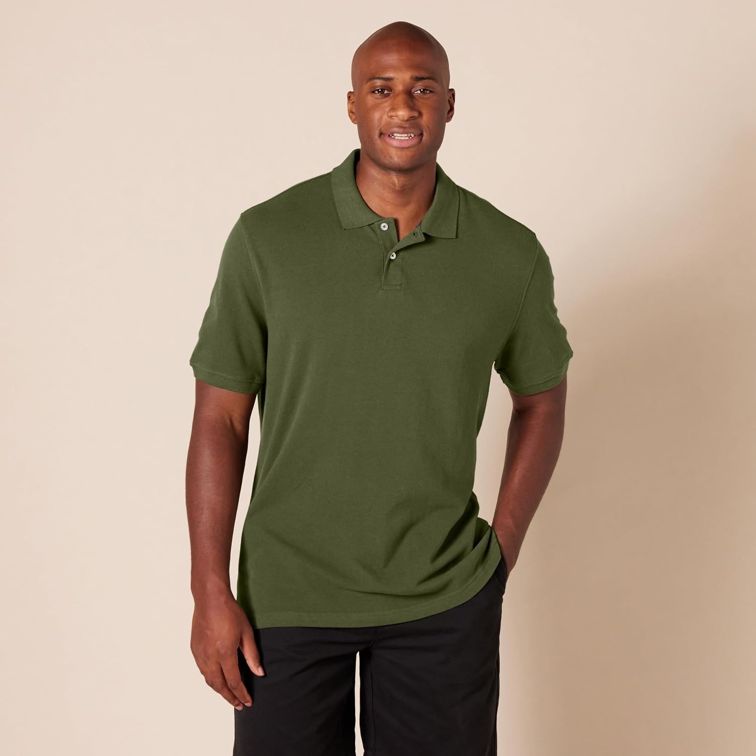image:imageAmazon Essentials Mens SlimFit ShortSleeve Cotton Pique Polo ShirtOlive