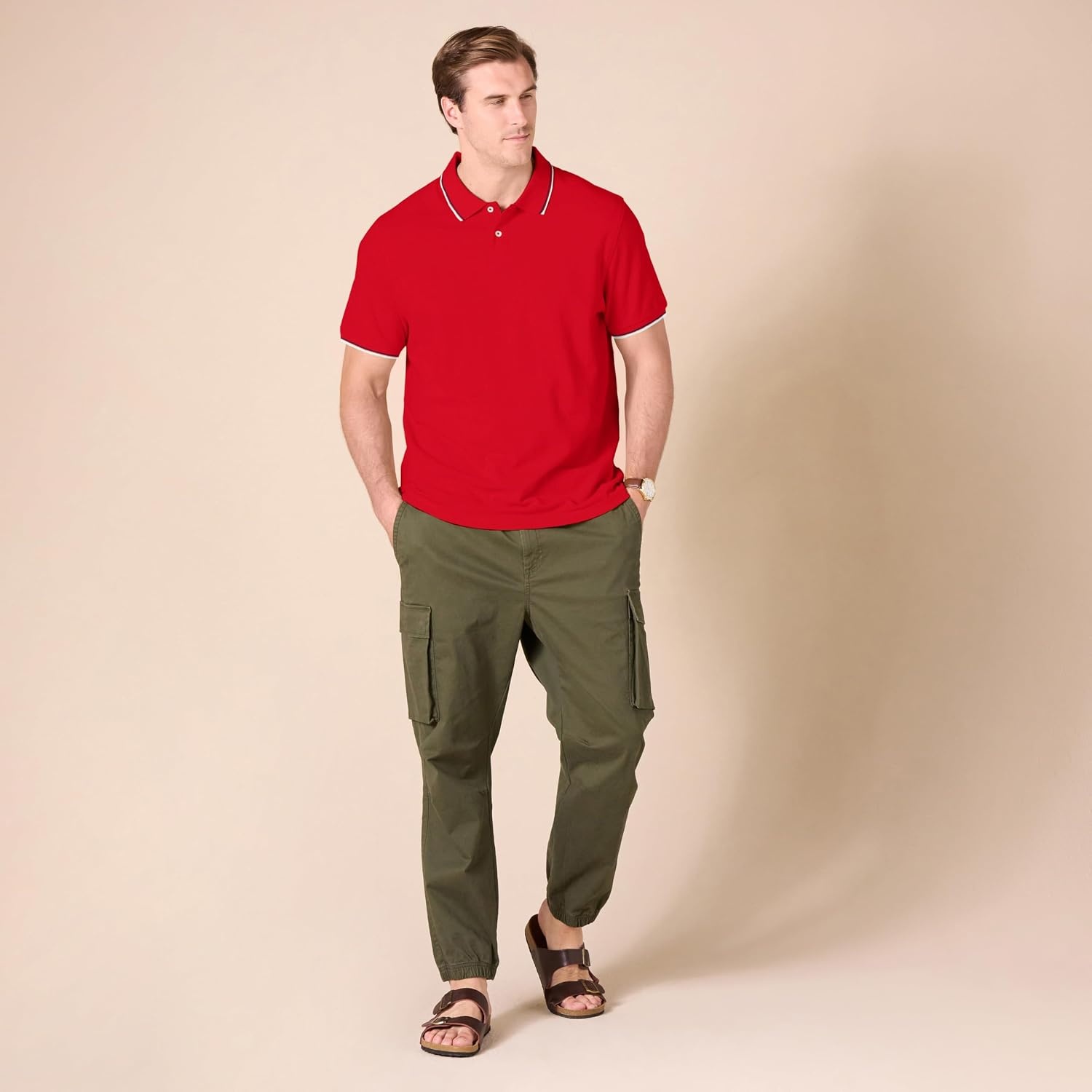 image:imageAmazon Essentials Mens SlimFit ShortSleeve Cotton Pique Polo ShirtRed Thin Stripe