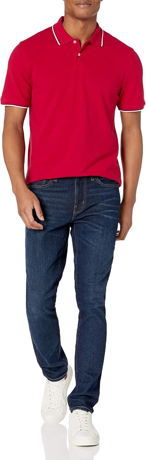 image:imageAmazon Essentials Mens SlimFit ShortSleeve Cotton Pique Polo ShirtRedNavy and White Tipped
