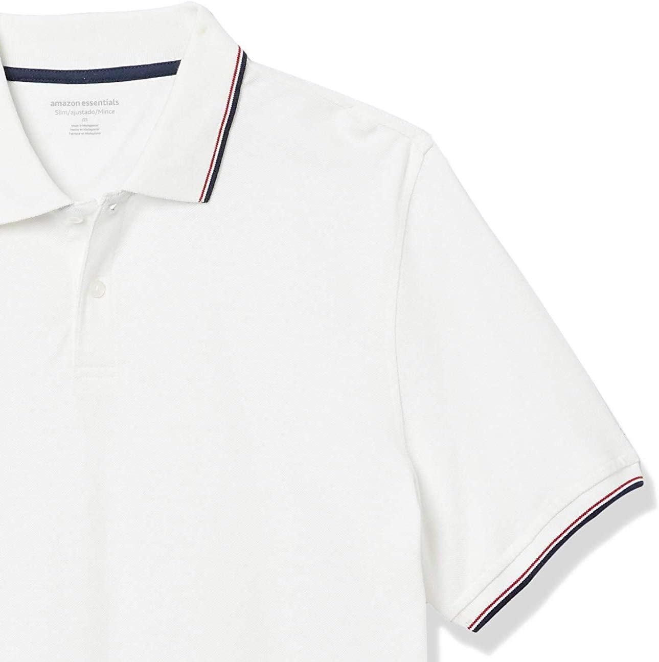 image:imageAmazon Essentials Mens SlimFit ShortSleeve Cotton Pique Polo ShirtWhite Thin Stripe