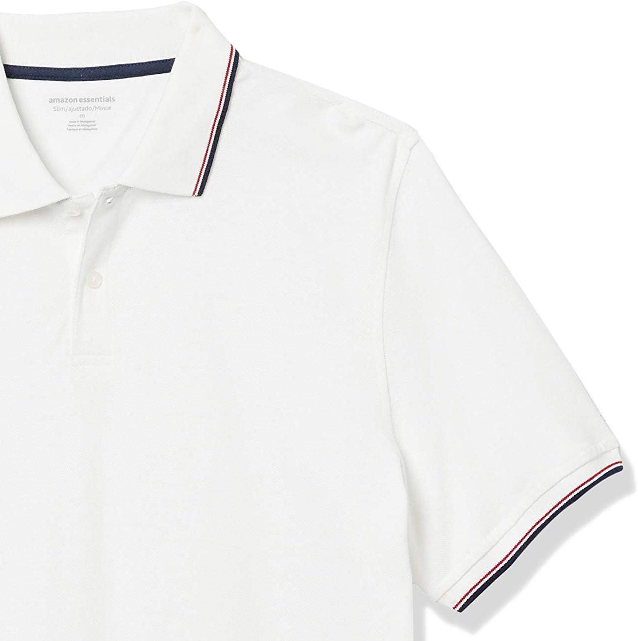 image:imageAmazon Essentials Mens SlimFit ShortSleeve Cotton Pique Polo ShirtWhiteRed and Navy Tipped