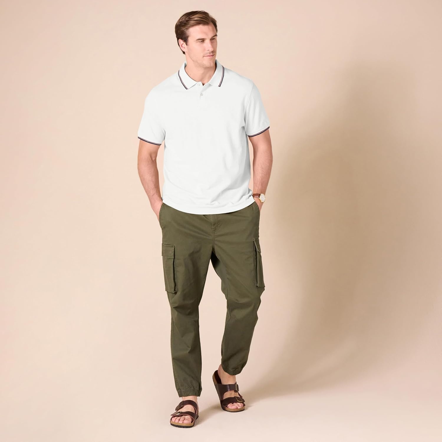image:imageAmazon Essentials Mens SlimFit ShortSleeve Cotton Pique Polo ShirtWhiteRed and Navy Tipped