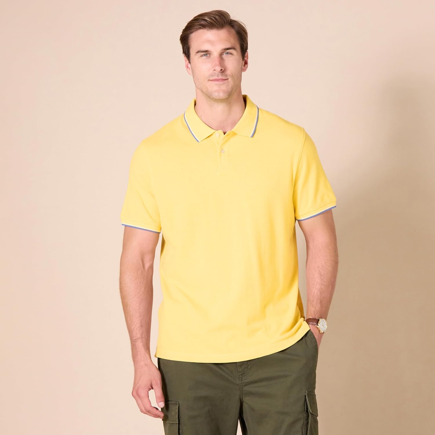 image:imageAmazon Essentials Mens SlimFit ShortSleeve Cotton Pique Polo ShirtYellow Thin Stripe