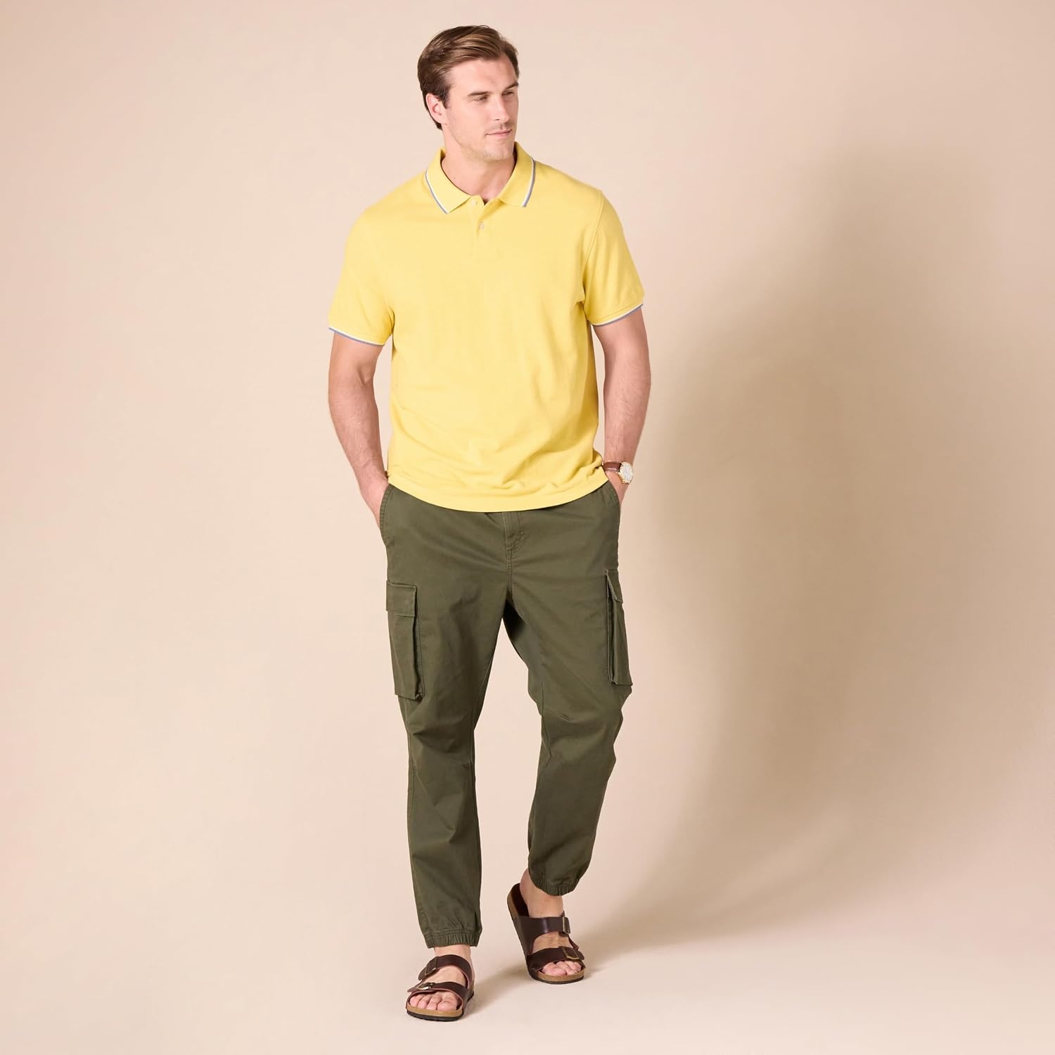 image:imageAmazon Essentials Mens SlimFit ShortSleeve Cotton Pique Polo ShirtYellow Thin Stripe