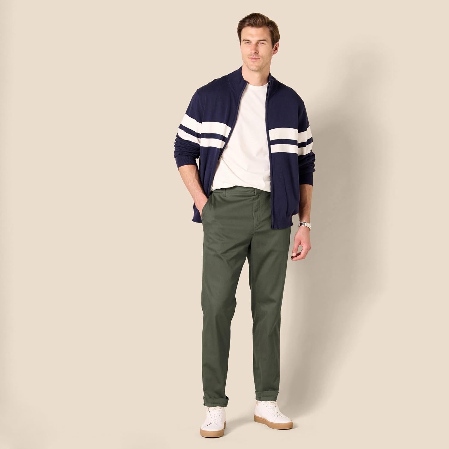 image:imageAmazon Essentials Mens SlimFit WrinkleResistant FlatFront Stretch Chino PantDark Olive