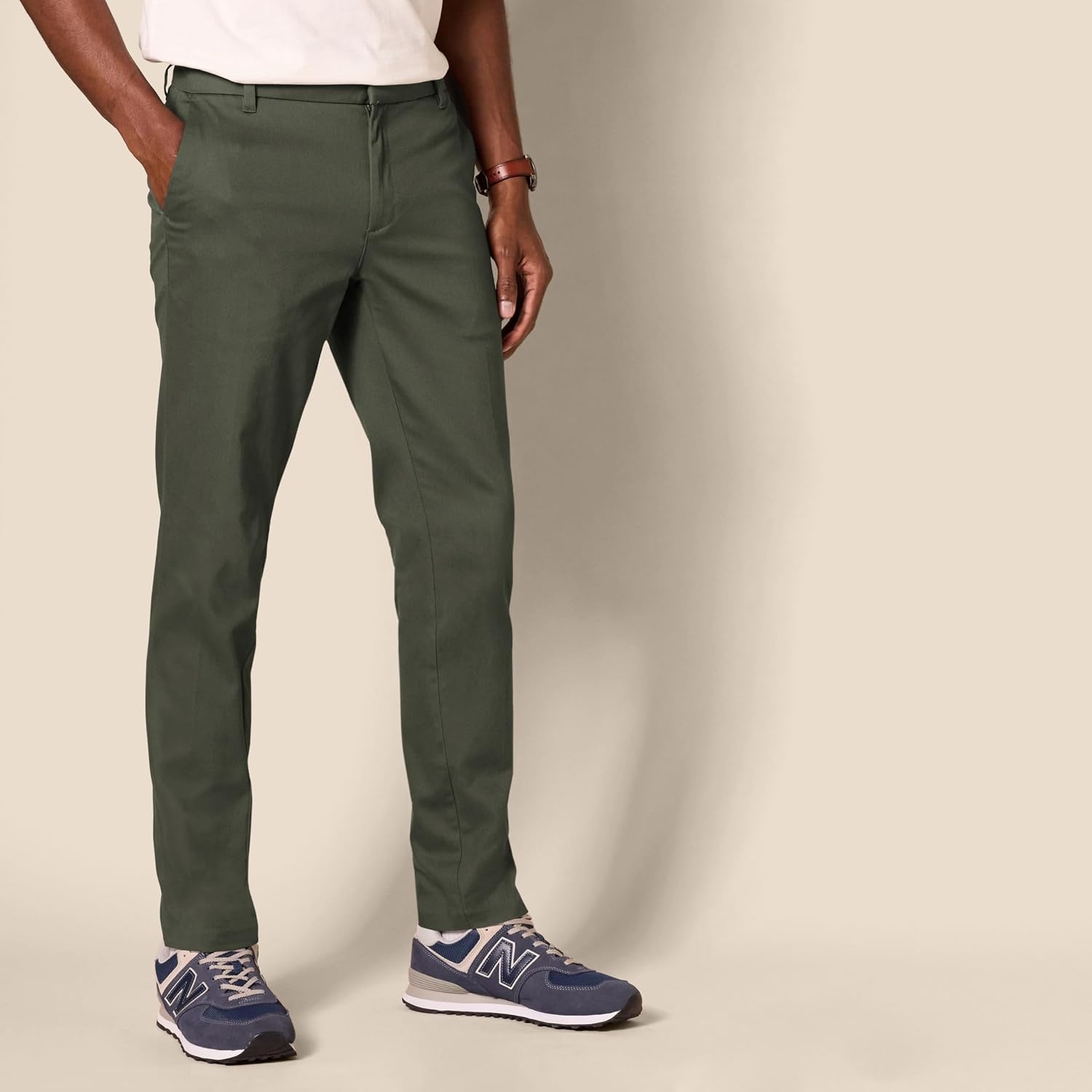 image:imageAmazon Essentials Mens SlimFit WrinkleResistant FlatFront Stretch Chino PantDark Olive