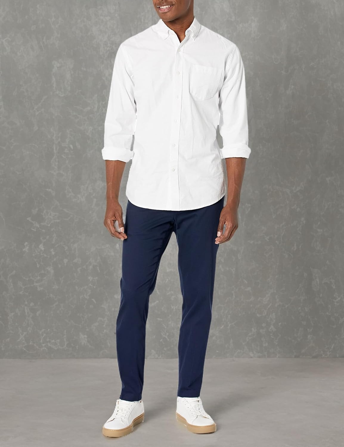 image:imageAmazon Essentials Mens SlimFit WrinkleResistant FlatFront Stretch Chino PantNavy