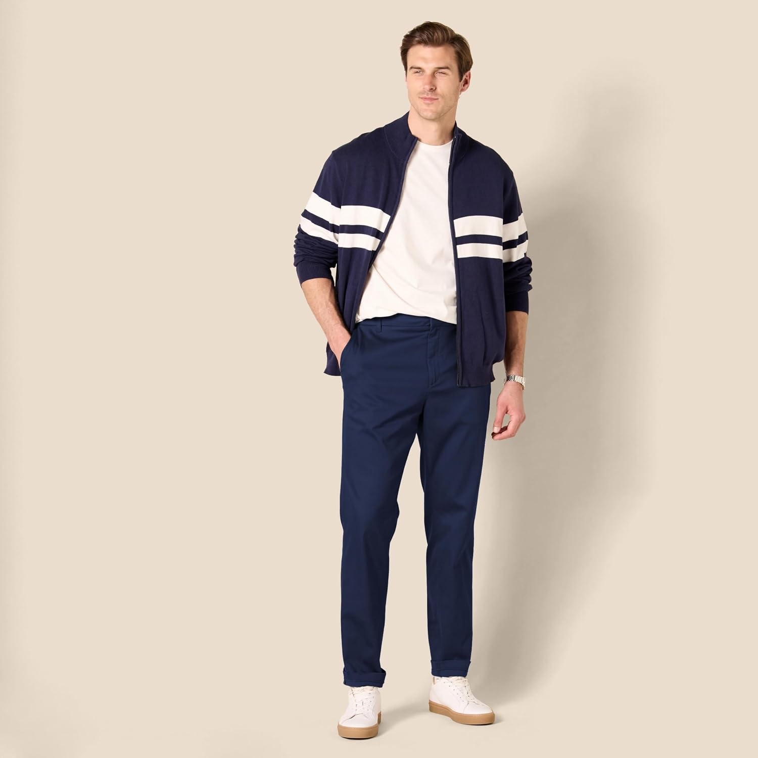 image:imageAmazon Essentials Mens SlimFit WrinkleResistant FlatFront Stretch Chino PantNavy