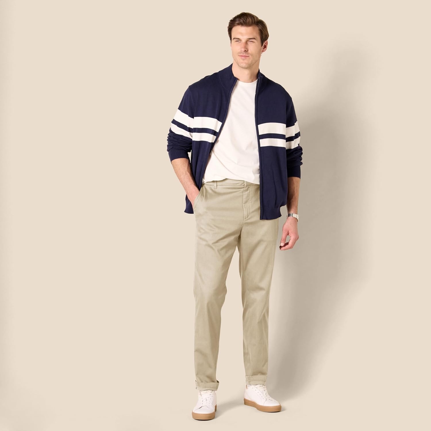 image:imageAmazon Essentials Mens SlimFit WrinkleResistant FlatFront Stretch Chino PantTan