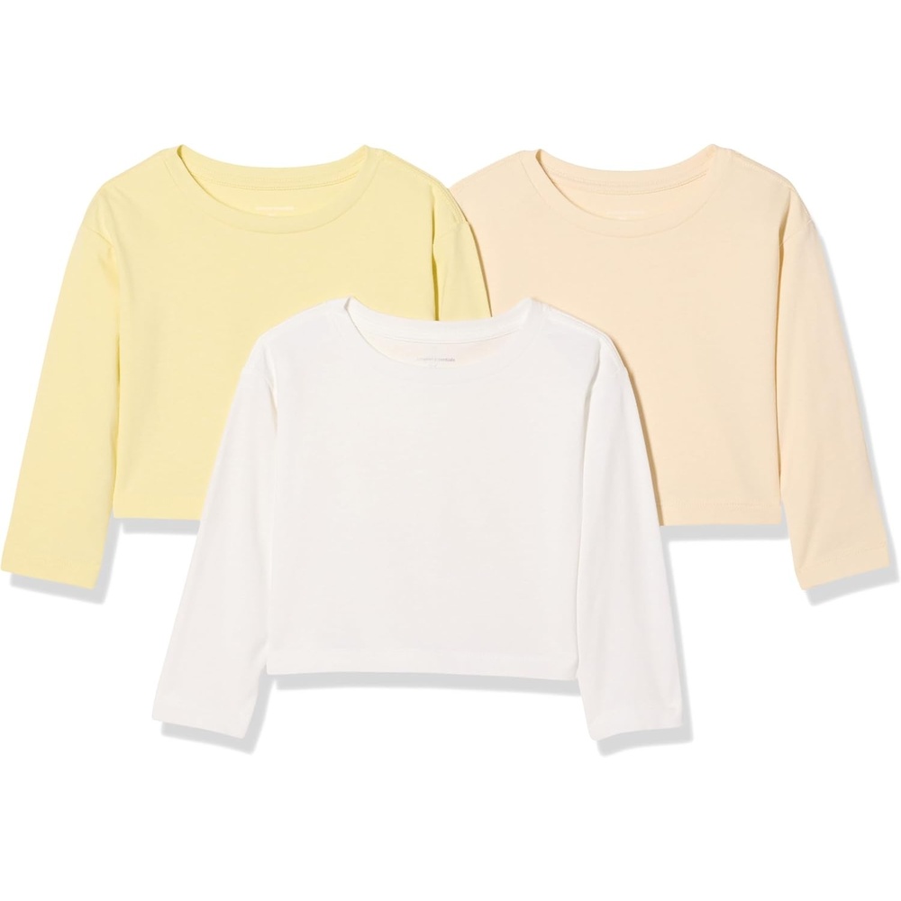 image:imageAmazon Essentials Babies Toddlers and Girls Long Sleeve Cotton TShirts Pack of 3BeigePastel YellowWhite
